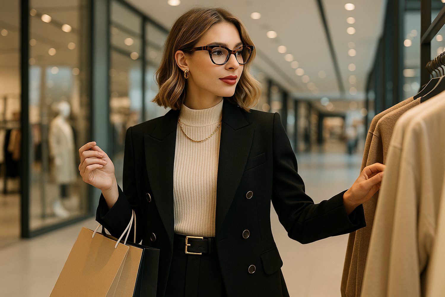 una mujer muy fachion con lentes y comprando 